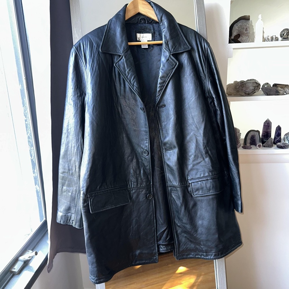 Vintage Merona Leather Car Coat Mens L Black 3 Button Notch Lapel‎ Lined Jacket